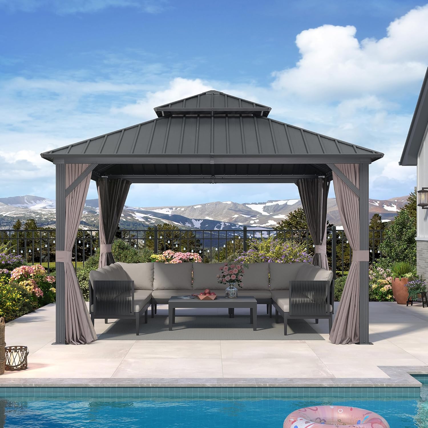 bleujardin - Pavillon jardin double toit alu 3,65x3,65m, rideaux, moustiquaire