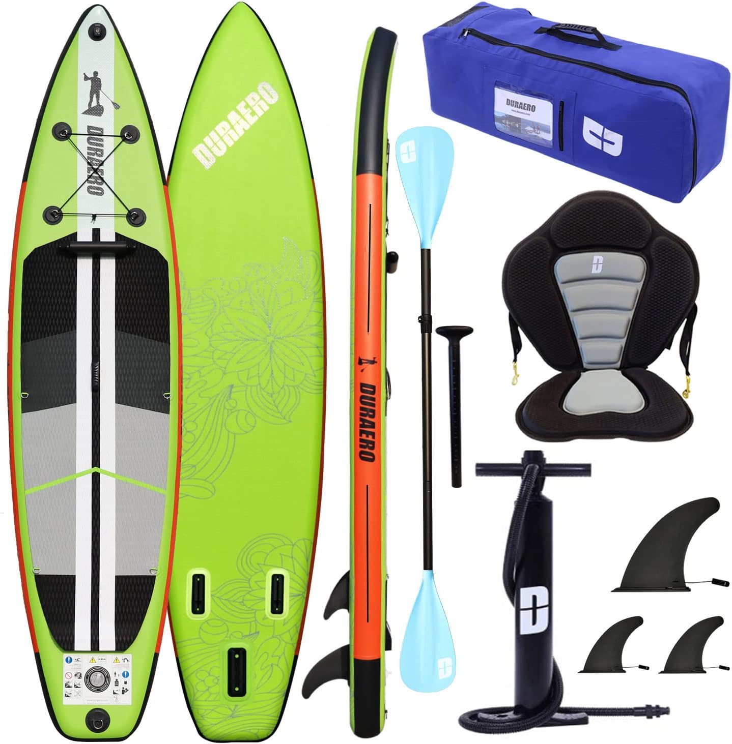 Siège de Kayak Gonflable Stand Up Paddle et Support de caméra, pagaie 2 en 1 330x76x15cm, Pompe jusqu'à 150kg avec Sangle de Pied, Sac à Dos