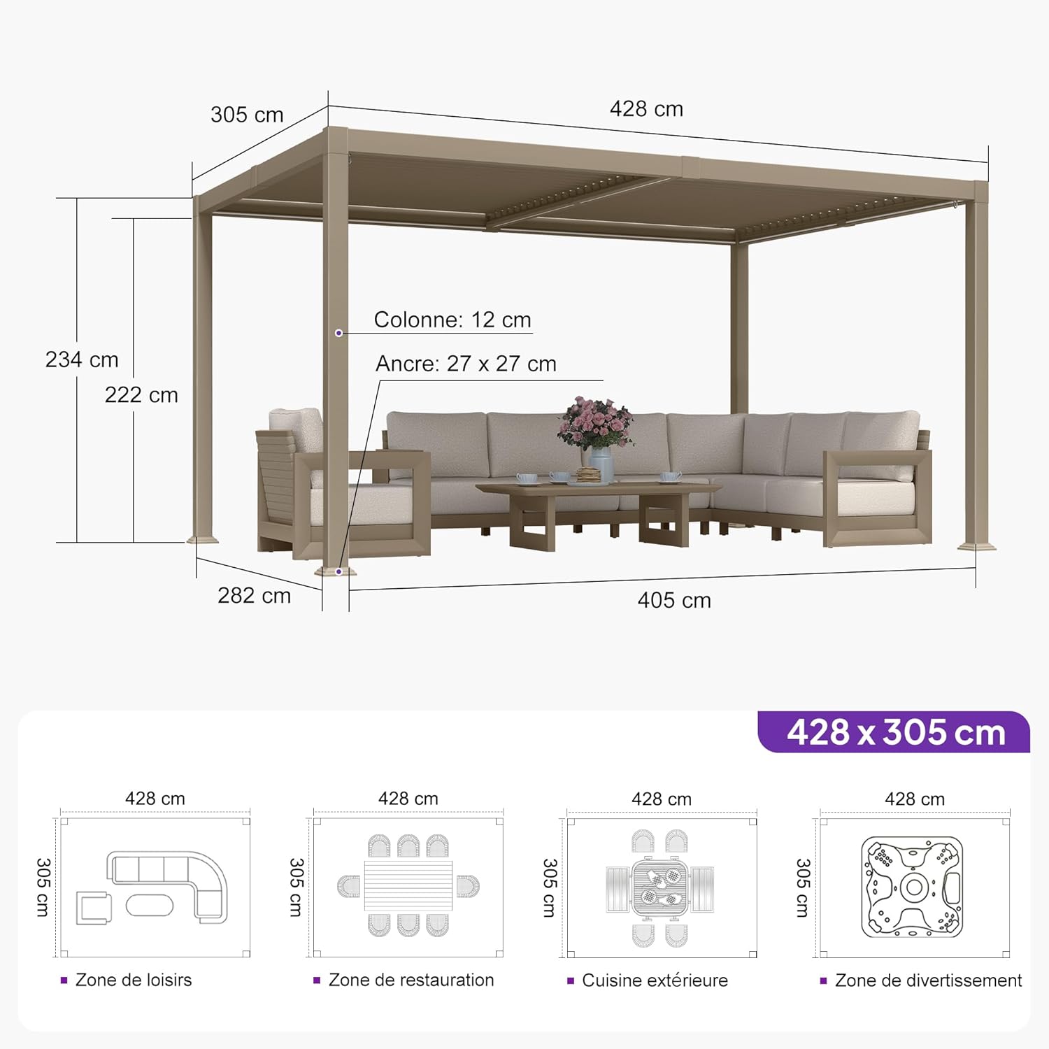 bleujardin - pergola bioclimatique LED - 3x4,25m - aluminium, lames orientables, anti-UV, sans entretien