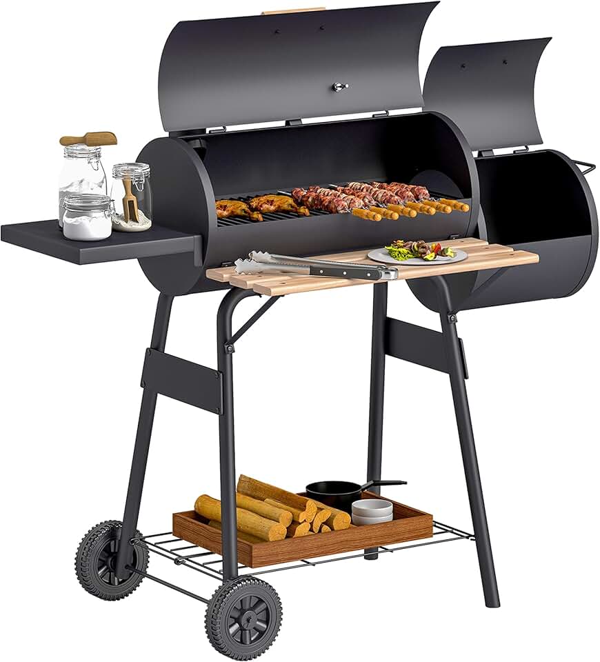 bleujardin - barbecue fumoir sur pied - acier noir - roulettes, étagères, thermomètre