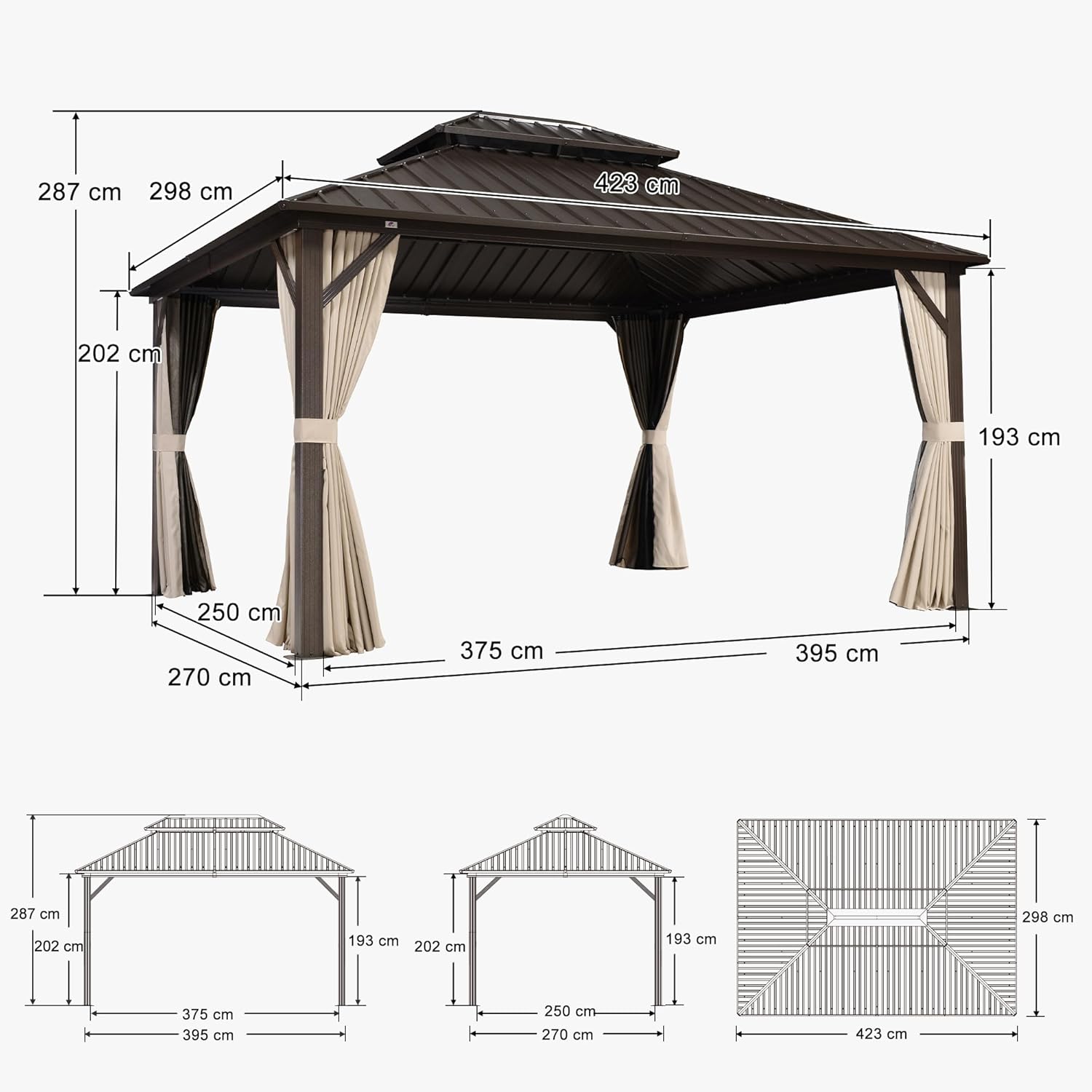 bleujardin - Pergola toit rigide - 4,25x3m - acier, aluminium, guirlande