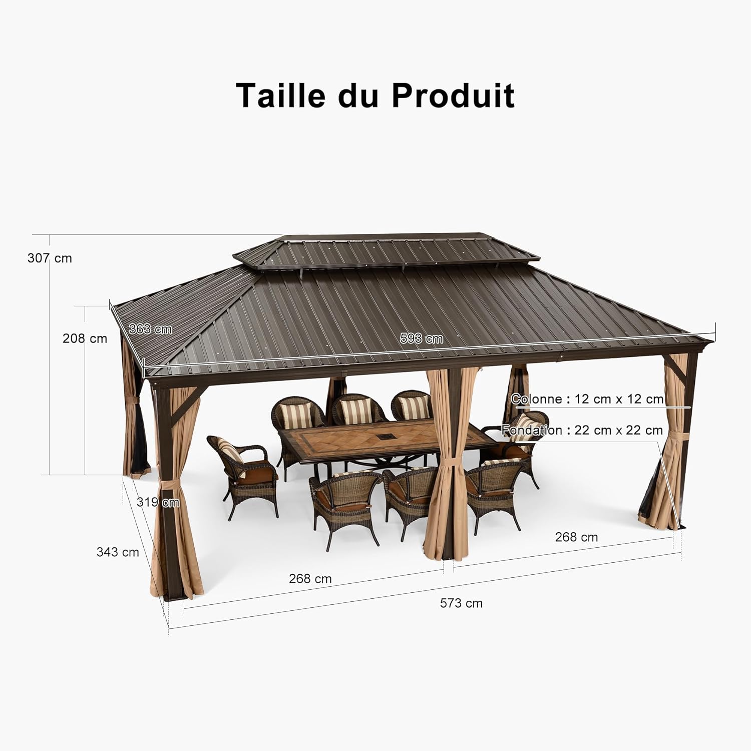 bleujardin - tonnelle jardin extérieur - 6x3,65m - alu, éclairage, rideaux, gouttière, poteaux renforcés, bronze