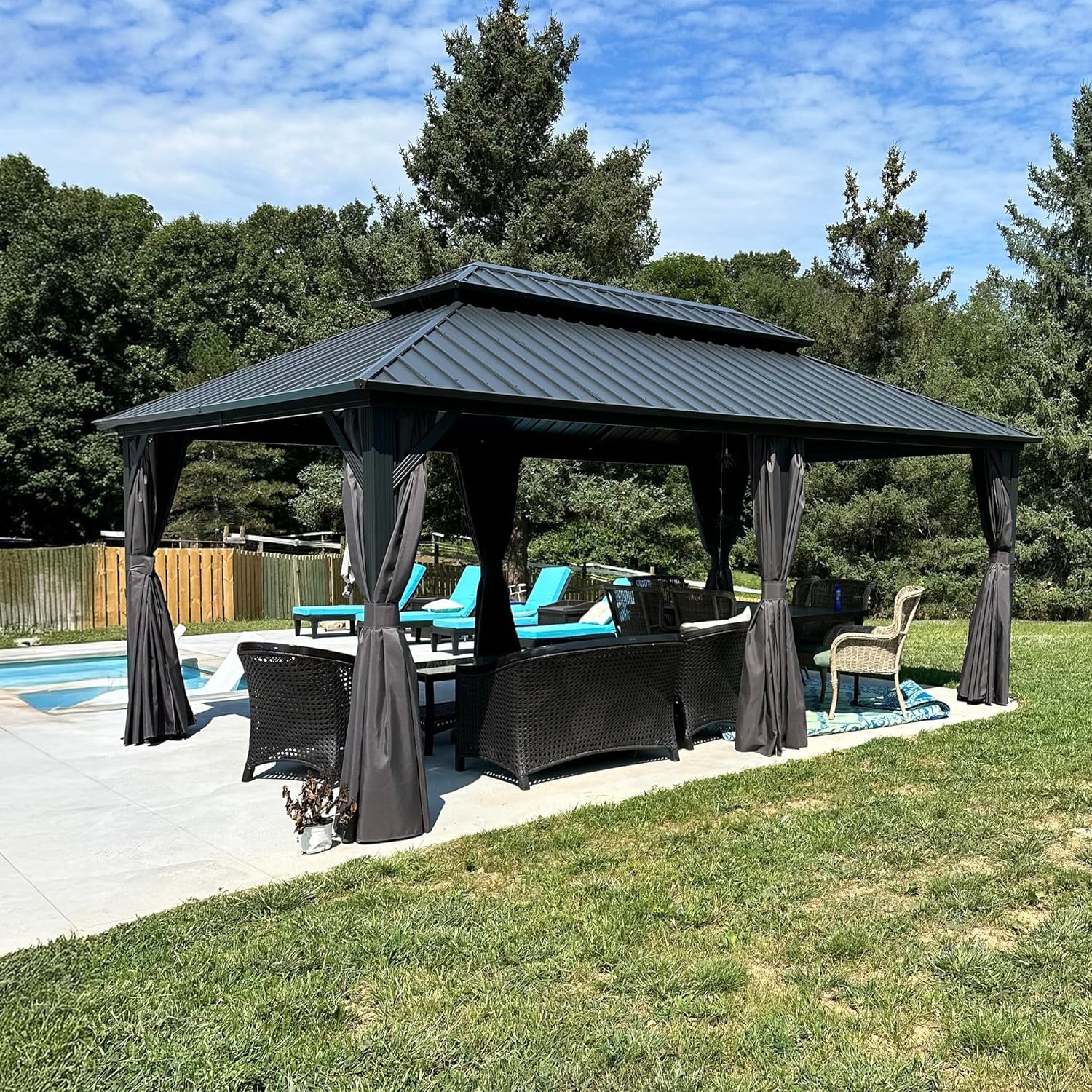 bleujardin - Tonnelle double toit rigide, 6 x 3,65 m, moustiquaire, aluminium, gris