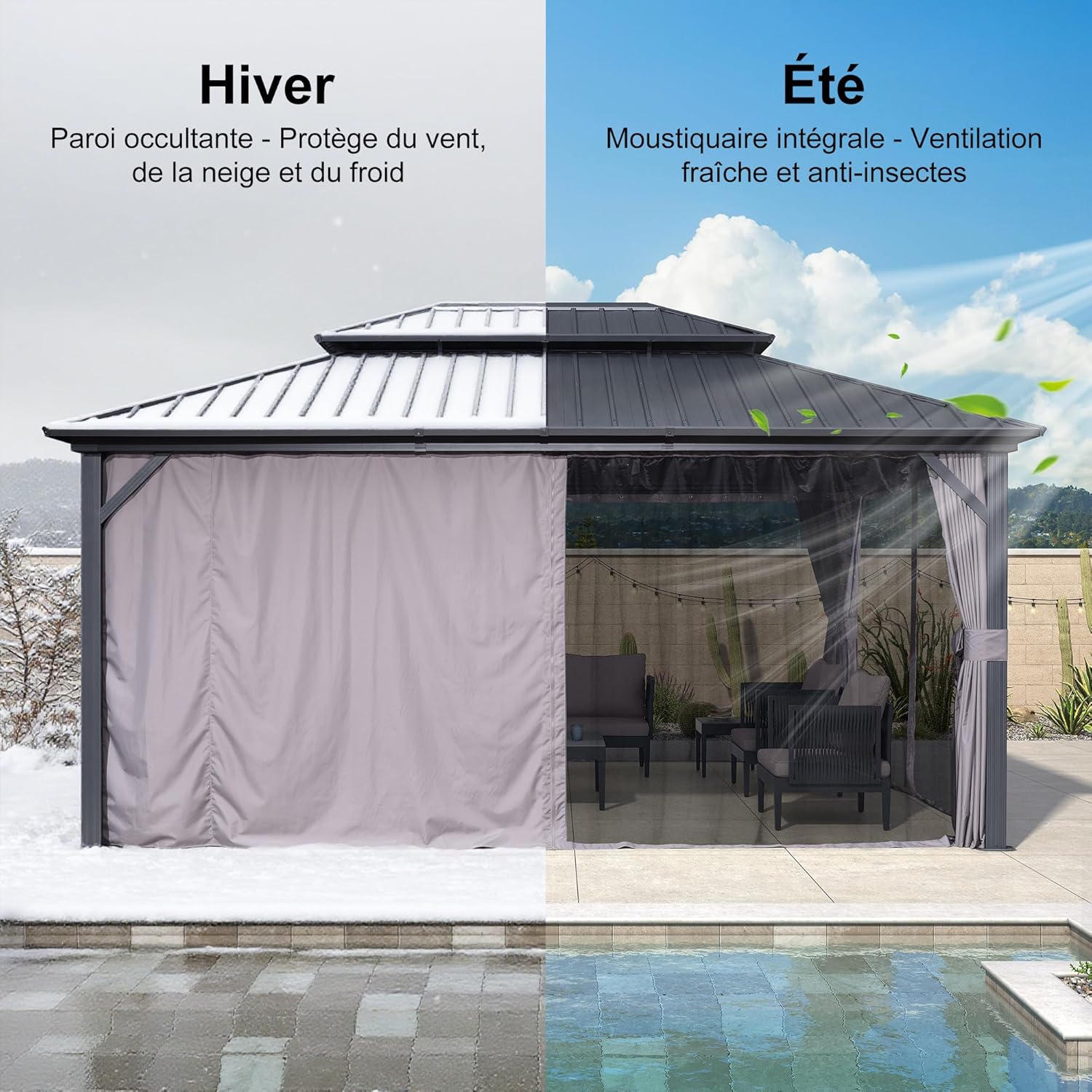 bleujardin - pergola série double toit - 4,85x3,65 m - alu acier, rideaux, moustiquaire
