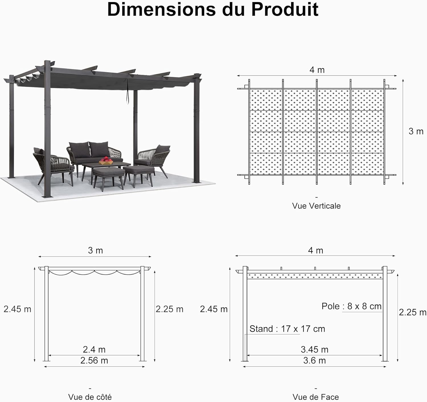 bleujardin - Pergola LED série - 4x3 m - aluminium, toit rétractable, tissu teinté