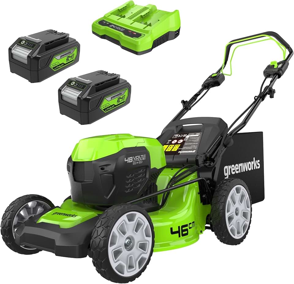 bleujardin 48V (24V x 2) Tondeuse à Gazon Sans Fil Autopropulsée Pelouses Jusqu'à 480m², Largeur de Coupe 46cm, Sac 55L, INCLUS 2 X 24V 4Ah et Chargeur Double, Garantie 3 Ans , GD24X2LM46SPK4X