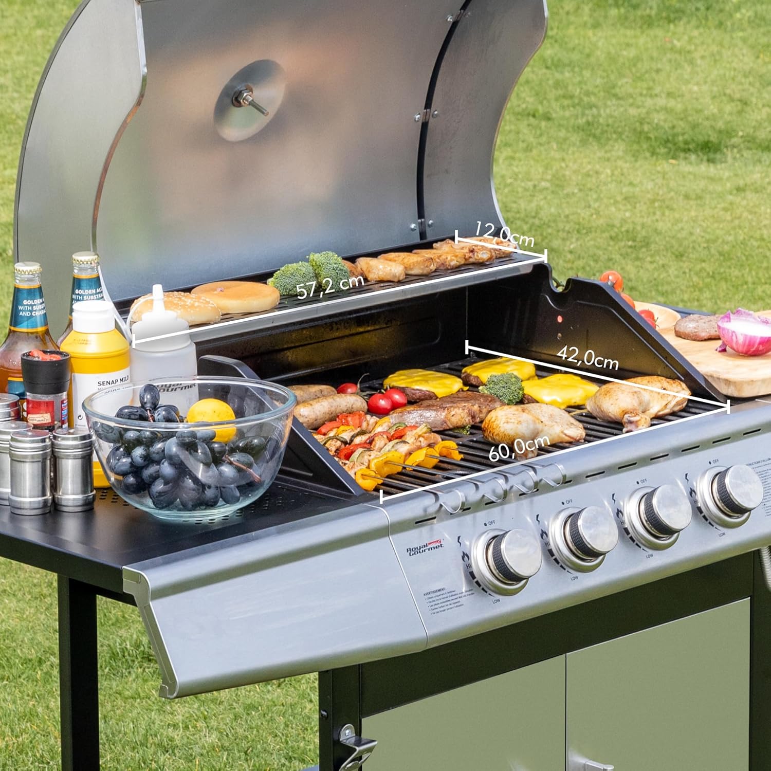 bleujardin - Barbecue Gaz 4+1 brûleurs inox - 14,5kW - 2 portes, thermomètre, roues directionnelles