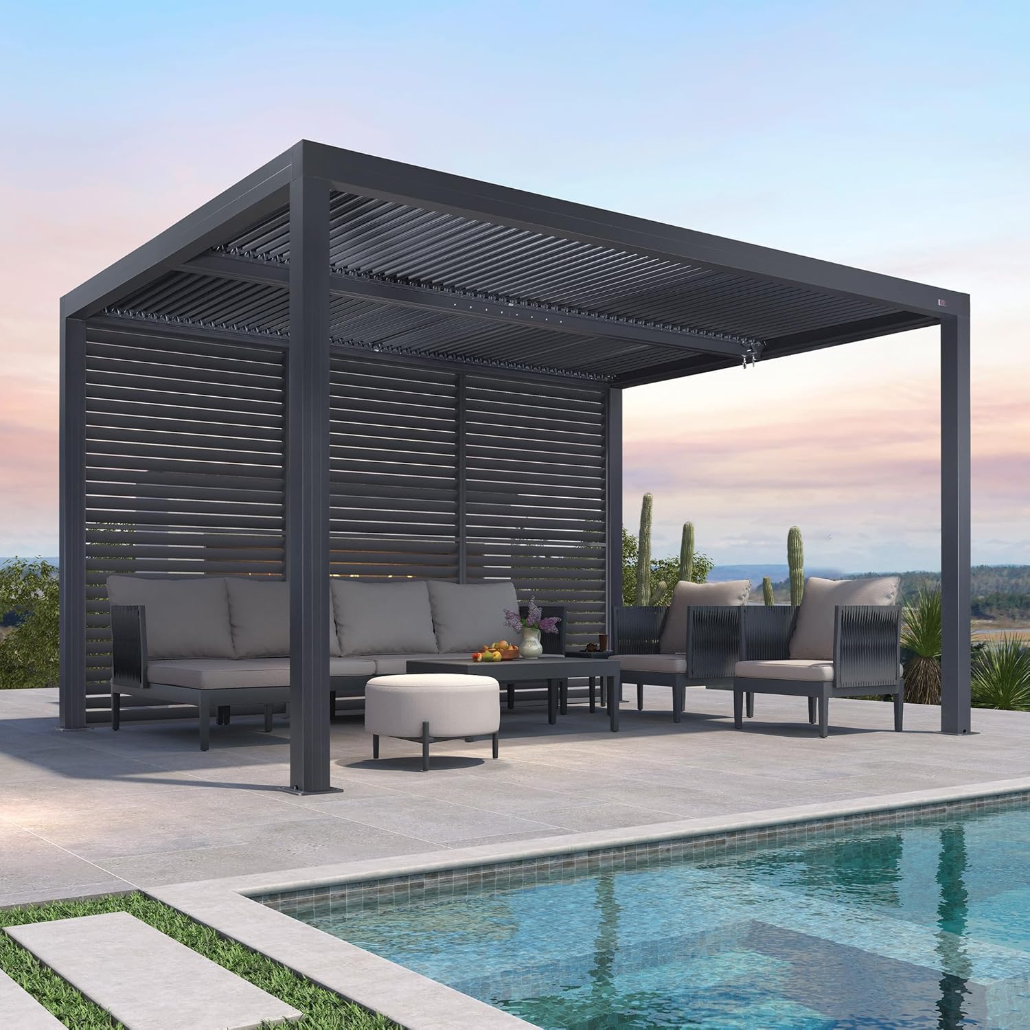 bleujardin - Pergola bioclimatique 4x3,3m alu, lames orientables, gris