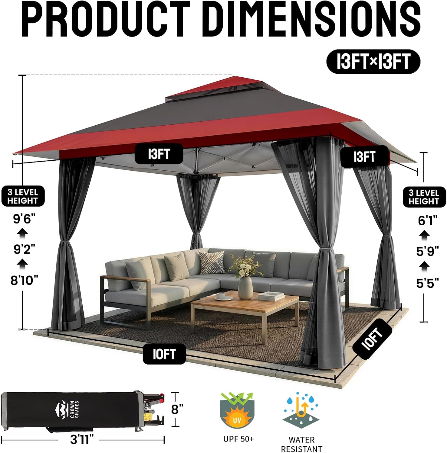 bleujardin - tonnelle série pop up - 4x4m - imperméable, hauteur réglable, double toit, côtés zippés, sac transport