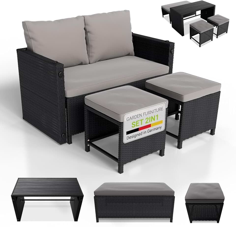 bleujardin - Jamaika 2 en 1 - table, banc, 2 tabourets, coussins lavables, noir gris, jusqu'à 4 personnes