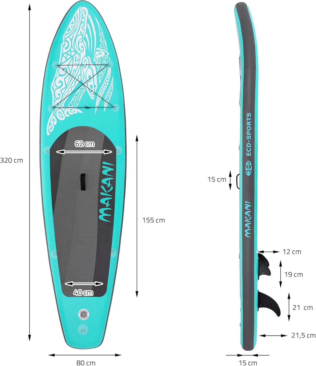 bleujardin - Stand Up Paddle Board - 305/308/320/380 cm - PVC, jusqu’à 150 kg, 10/15 cm, sac, pompe