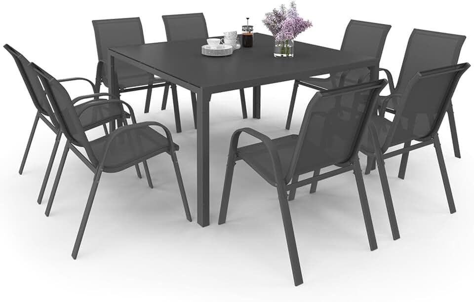 bleujardin - Madrid salon de jardin carré 130 cm, 8 chaises empilables, gris anthracite