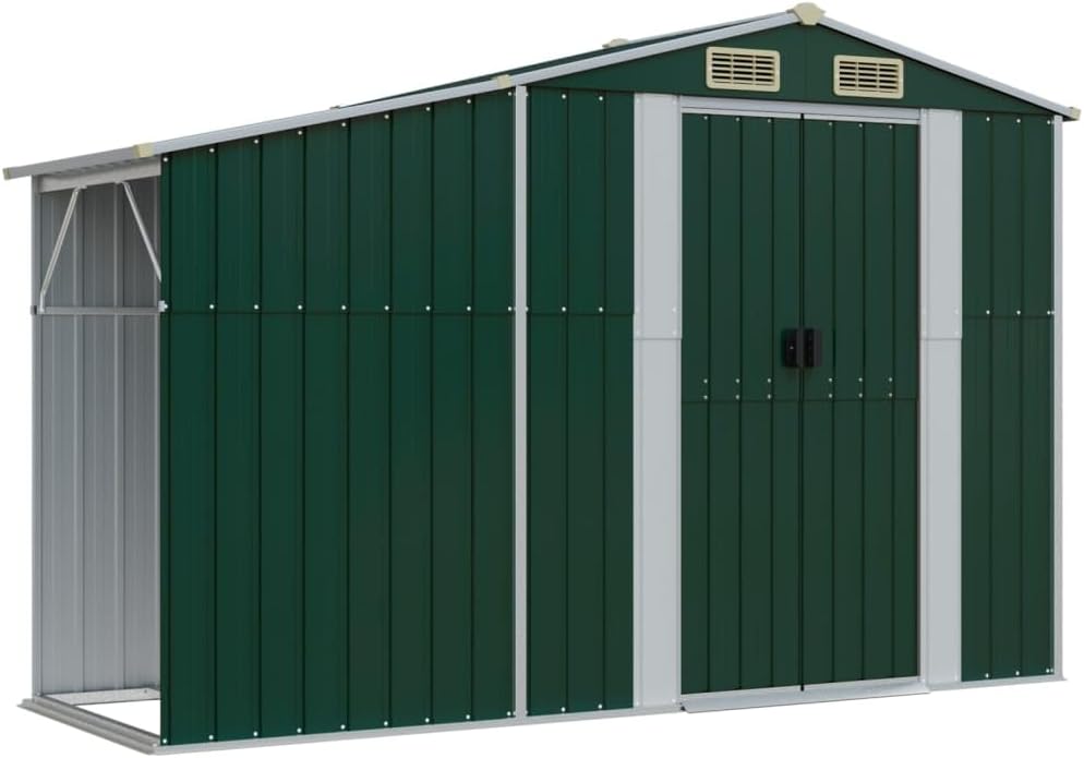 Abri de jardin acier galvanisé - toit incliné, trémie à charbon - 277x279x179 cm - rangement extérieur vert