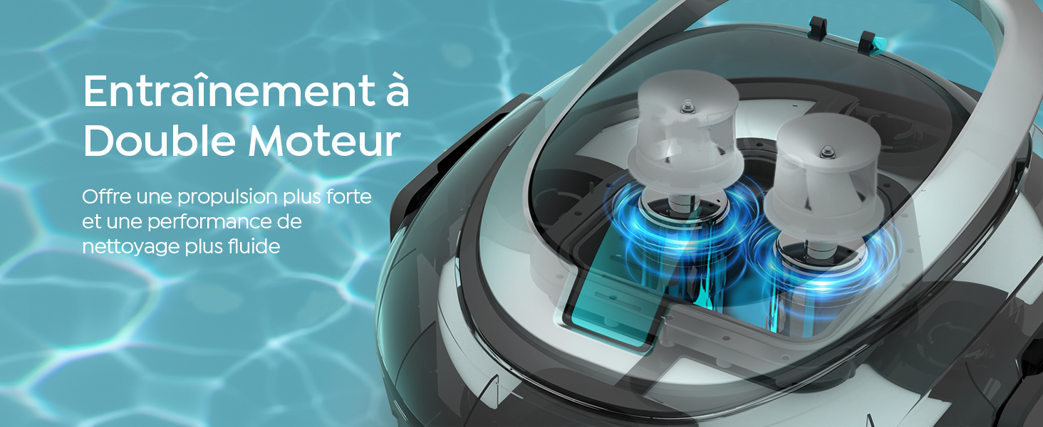 Le texte indique « Entraînement à Double Moteur ». Nettoyeur de piscine robotique avec système de propulsion à double moteur bleu exposé illustré dans une piscine sous-marine avec de l'eau turquoise.