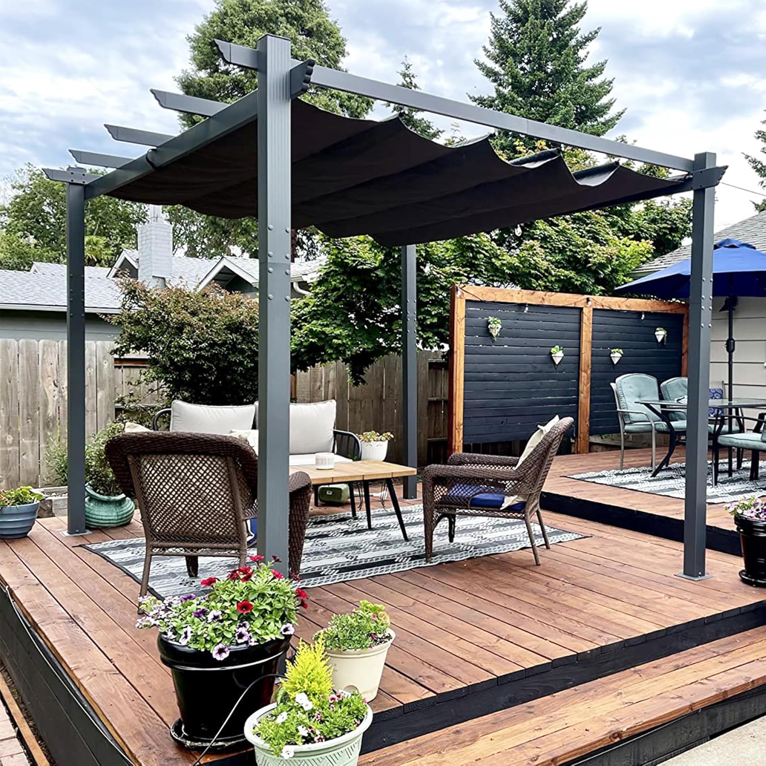 bleujardin - Pergola aluminium, 3,65x3m, toile coulissante, gris