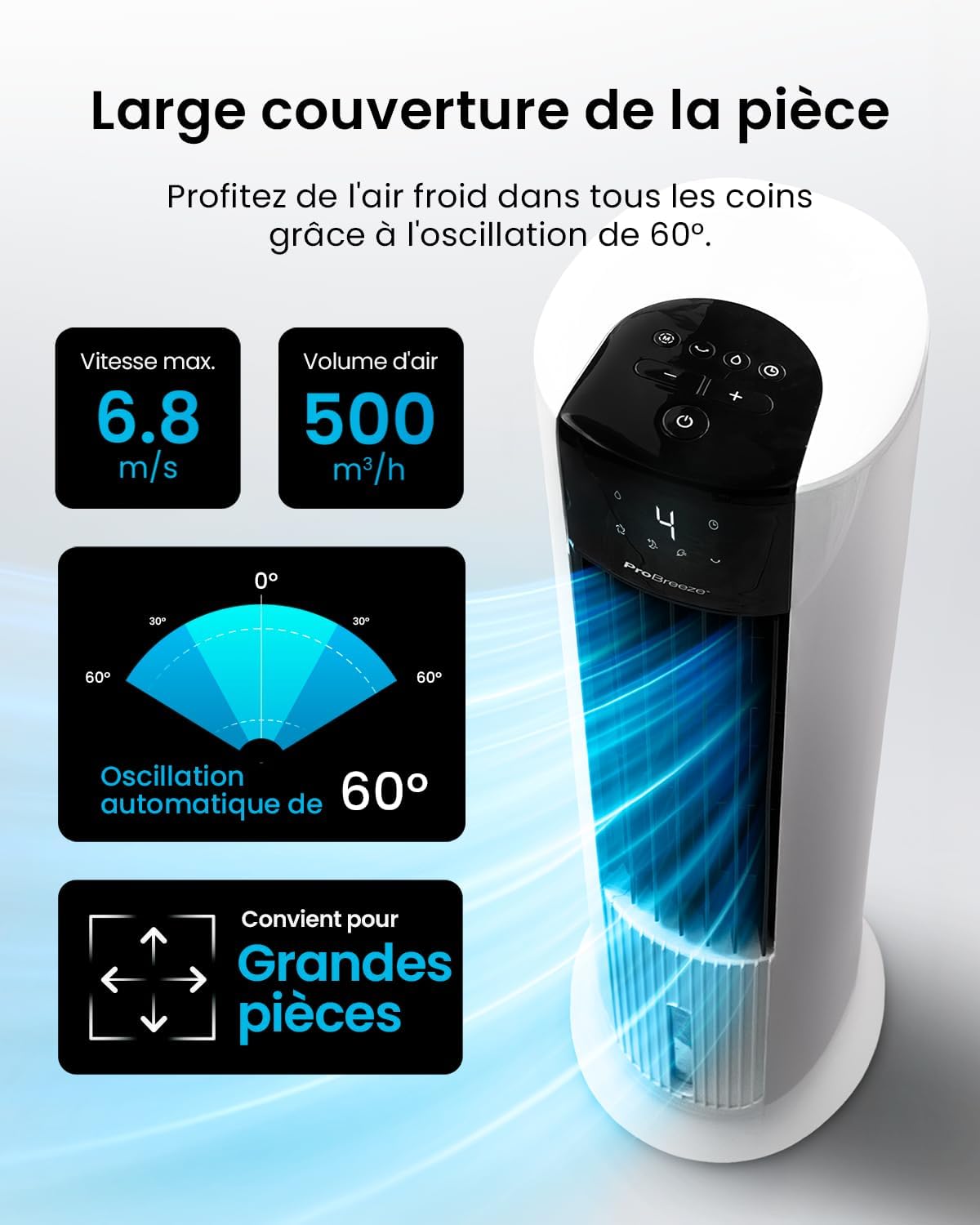 bleujardin OmniAir Rafraichisseur d’Air 7L 3en1, 7 Vitesses, 3 Modes, Oscillant, Minuterie 10h, Climatiseur Mobile Sans Évacuation, Silencieux, Sans Conduit, Ventilateur Refroidisseur d'Air