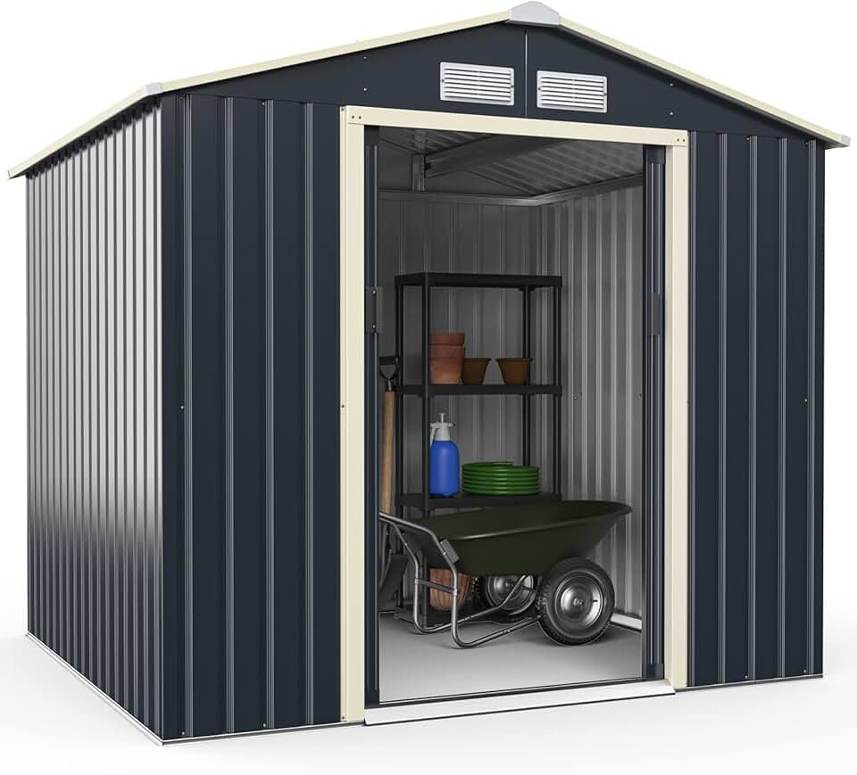 bleujardin 3,73㎡ Abri de Jardin Métal Galvanisé, Cabine de Jardin Extérieur Portes Coulissantes, Résistant aux Intempérie, Cabane de Rangement Outils, 213 x 191 x 195 cm, Gris