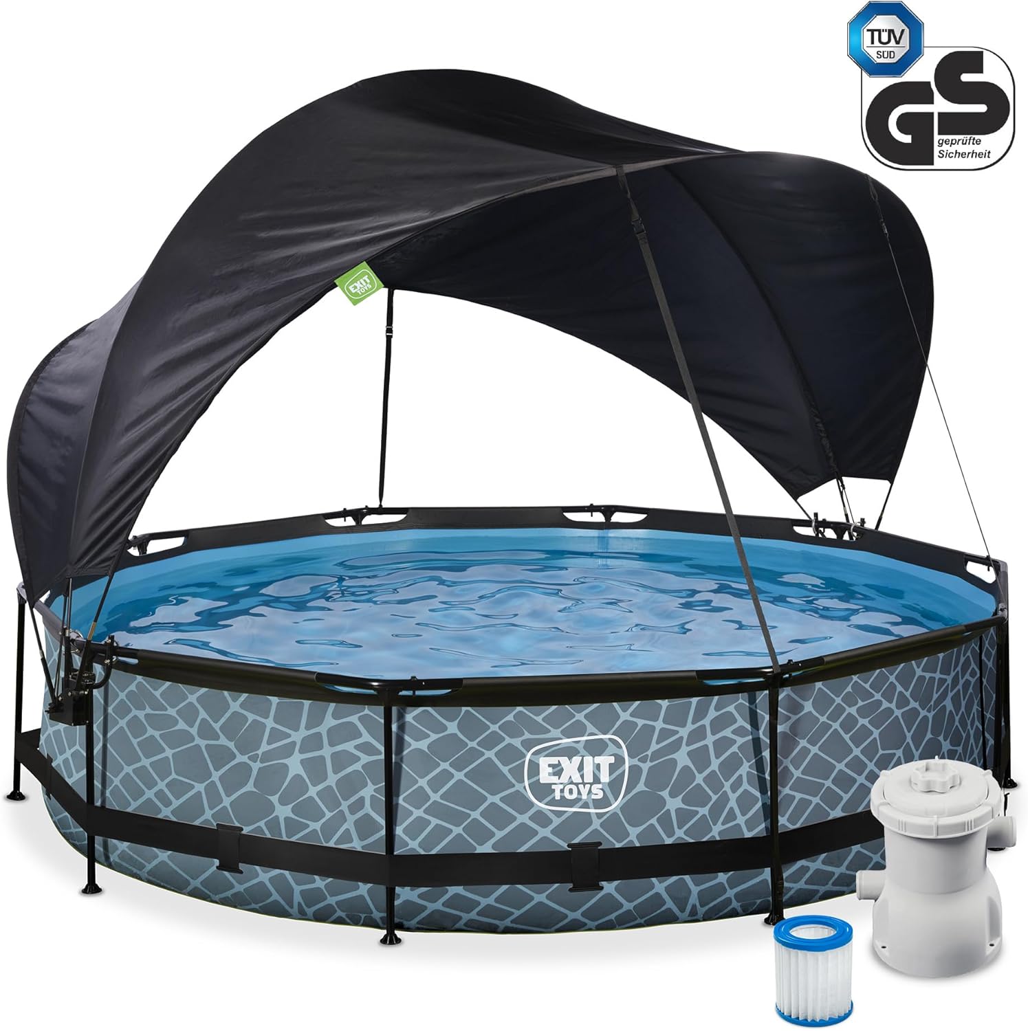 bleujardin Piscine Stone avec Voile d'Ombrage - ø360x76cm - Piscine Hors Sol Ronde avec Pompe Filtrante à Cartouche - Protection Optimale Contre Les Rayons UV - Entrée Basse - Design Unique - Gris