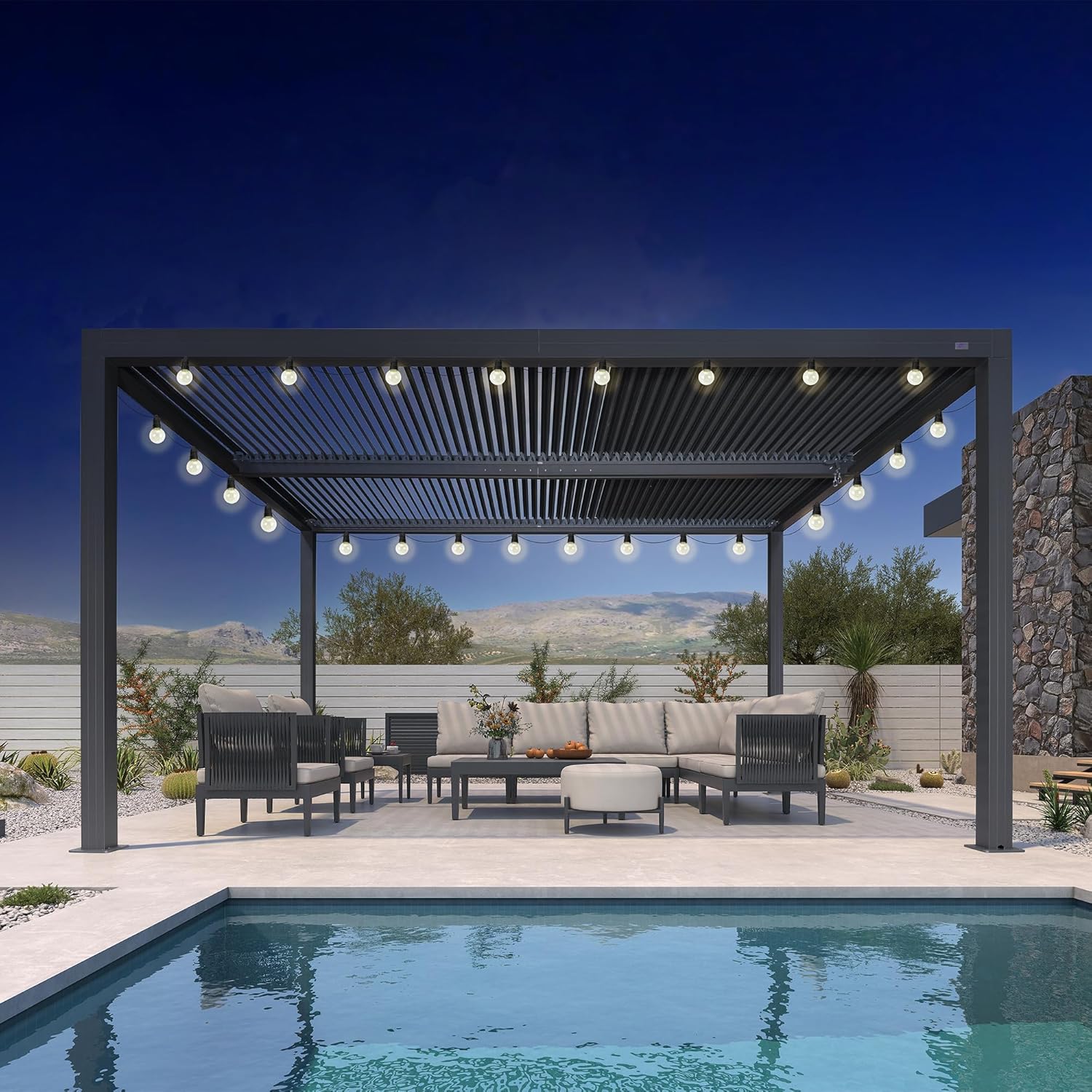 bleujardin - Pergola bioclimatique série aluminium - 4,6x3,3 m - lames orientables, éclairage intégré