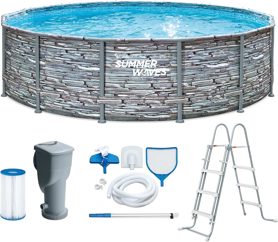 bleujardin - Frame Pool Kit rond - 427x107 cm - aspect pierre grise, pompe à filtre