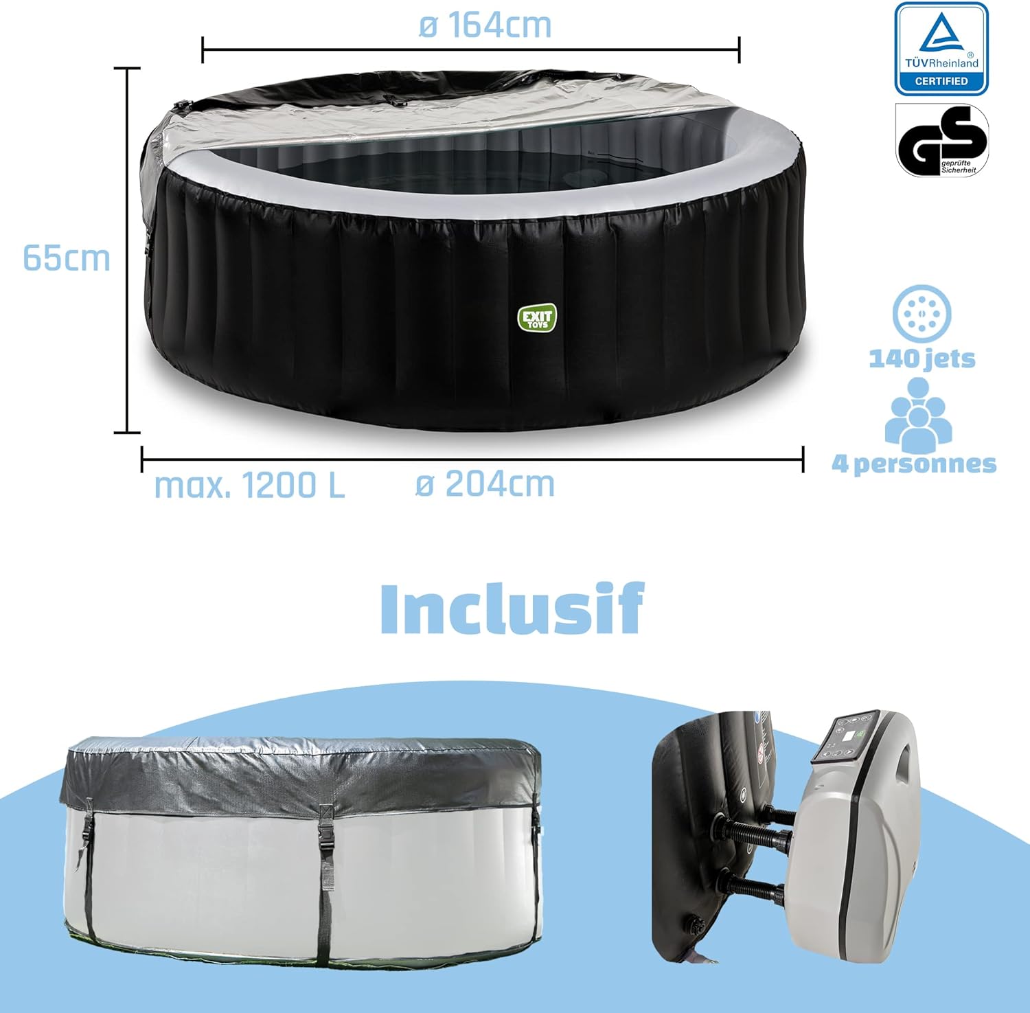 bleujardin - Silver Classic Spa - 204x65cm - 4 places, chauffage, 140 jets d'air, filtration