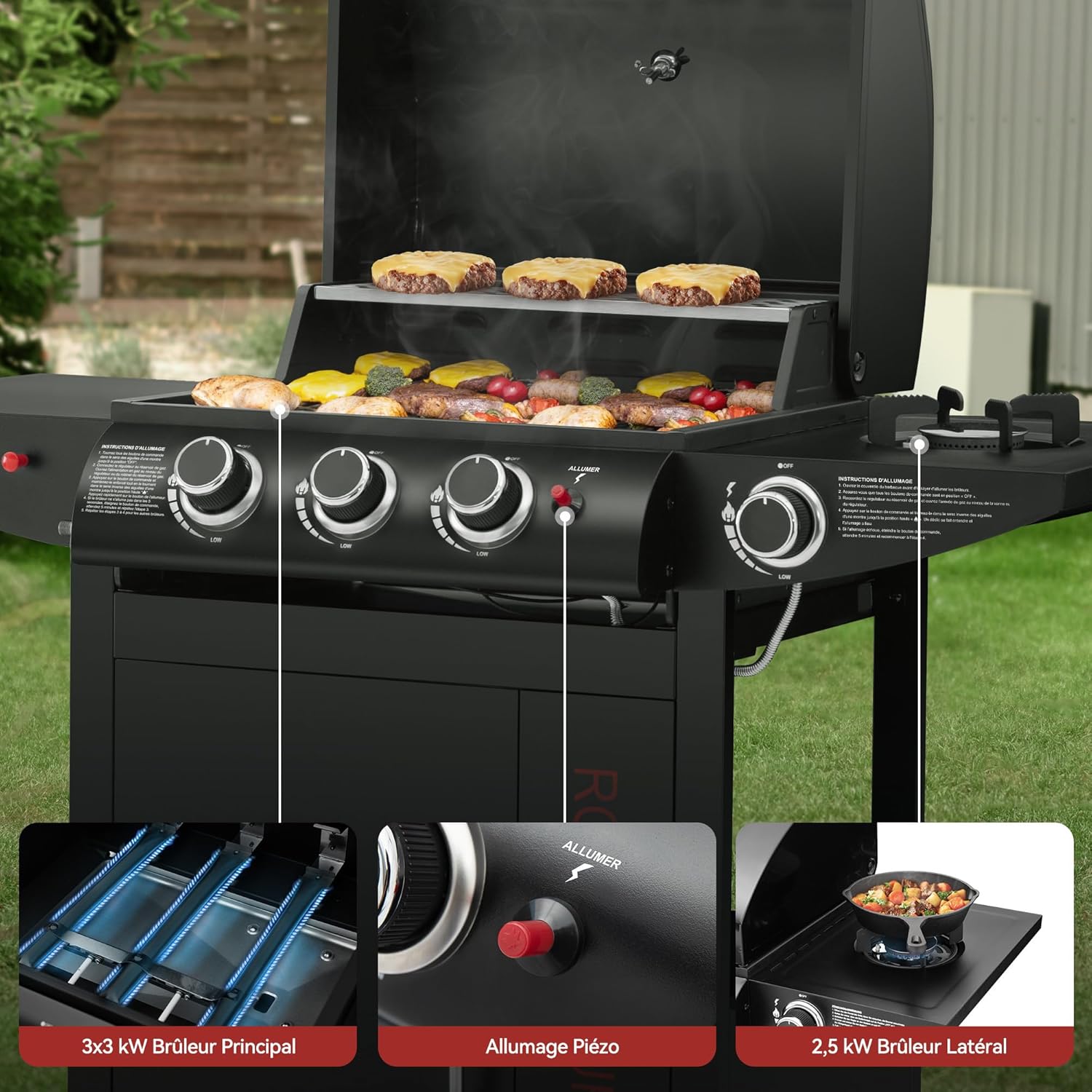 bleujardin - barbecue gaz 3+1 brûleurs inox - 11,5 kW - chariot, 2 roues, thermomètre