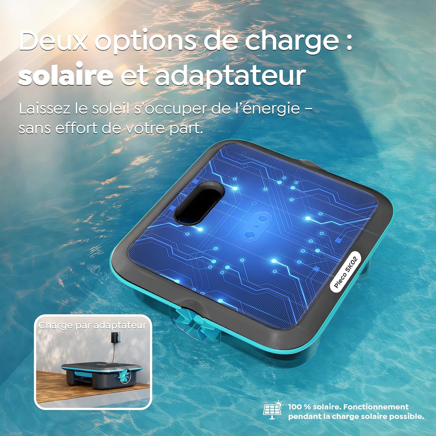 (Upgrade 2026) Pleco SK02 Robot Nettoyeur Skimmer Solaire de Surface Piscine, Robot Piscine sans Fil, Double Recharge, Sonde de Température, Contrôle App, Skimmer Piscine Hors Sol Automatique 24/7