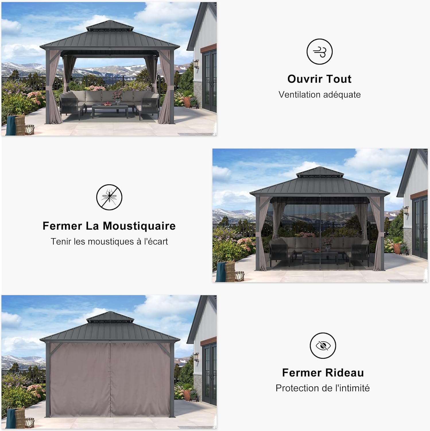 bleujardin Tonnelle de Jardin Extérieur 3,65 x 3,65 m avec Guirlande Lumineuse, Pavillon Aluminium à Double Toit en Acier Galvanisé, Pergola Jardin Extérieur avec Rideaux pour Fête, Barbecue, Gris