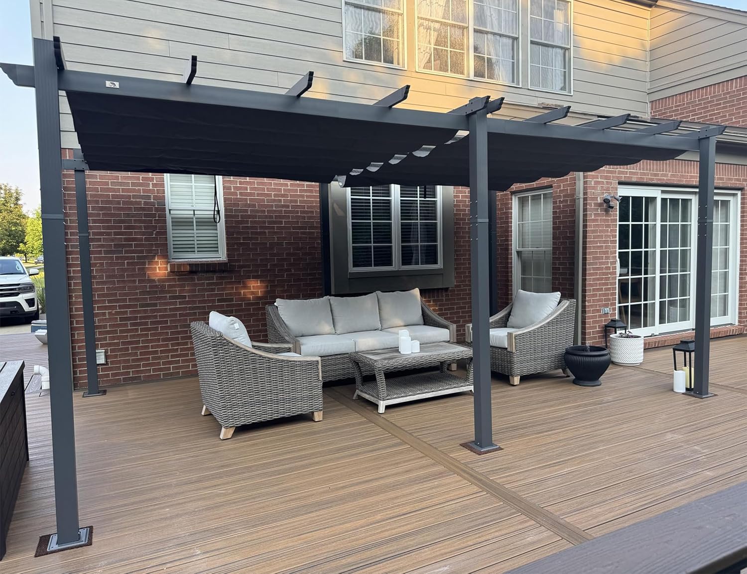 bleujardin - Pergola Aluminium - 5,5 x 3,5 m - Toit coulissant, tissu teint en fil, gris