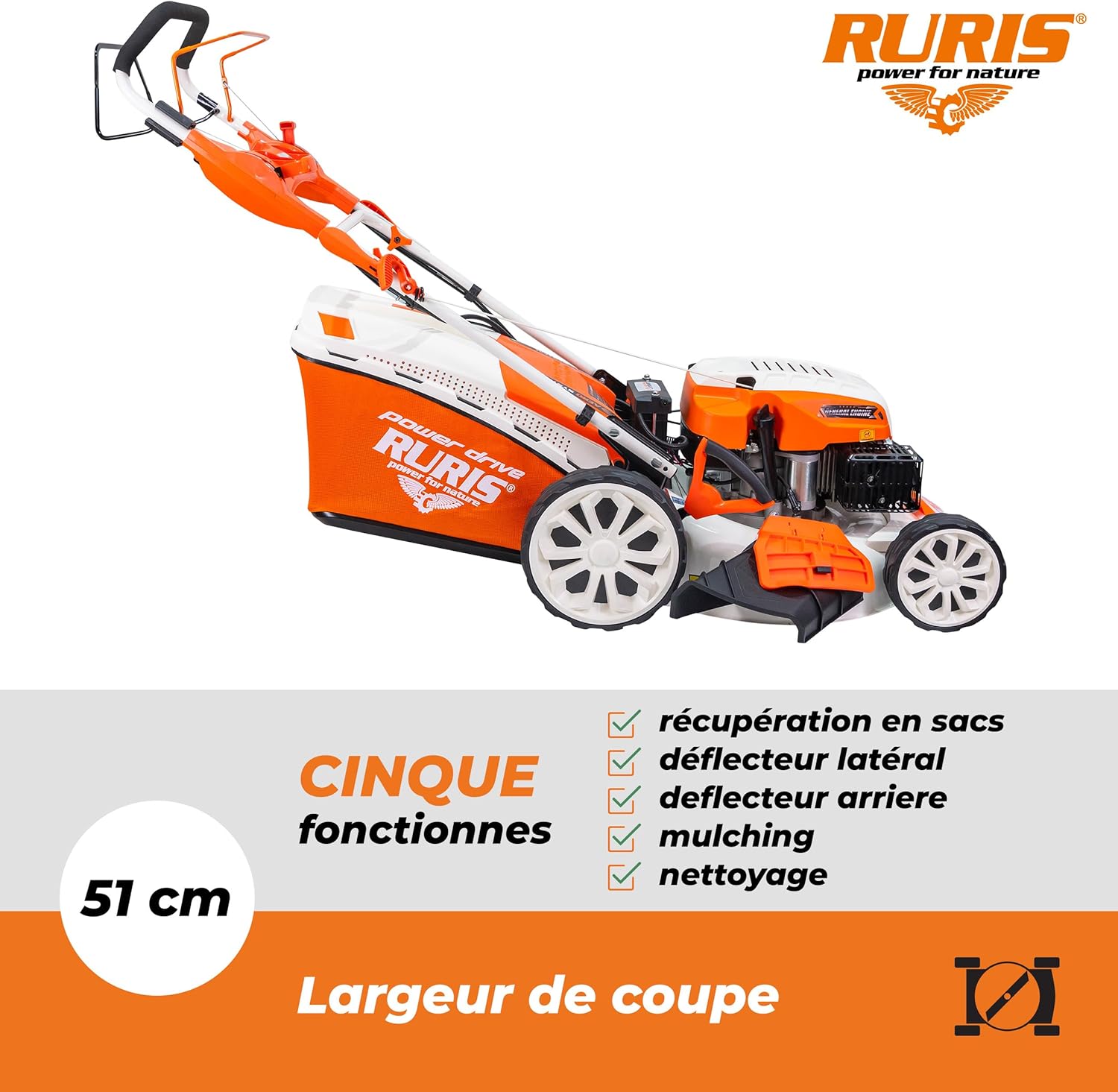 RURIS Tondeuse à Gazon Thermique RX441S 5,7 CV – Largeur 51 cm, Démarrage Électrique, Autopropulsée à Vitesse Variable, 5 Fonctions, 2000 m², Bac 65L, Orange