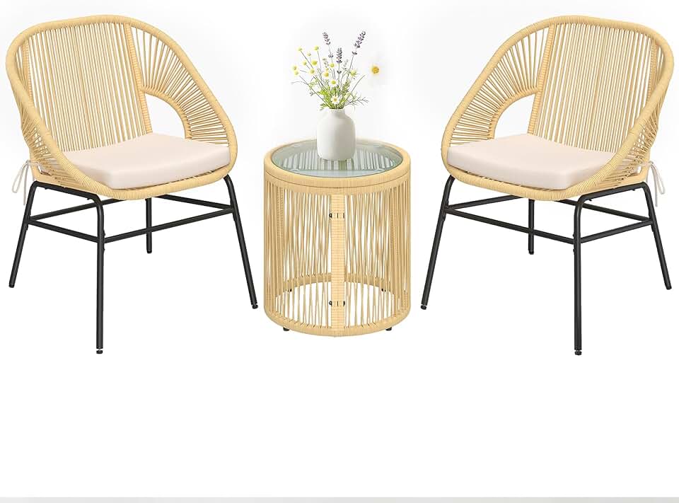 bleujardin - ensemble bistro 3 pcs - fauteuils confort, table verre - coussins déhoussables, résine tressée, beige