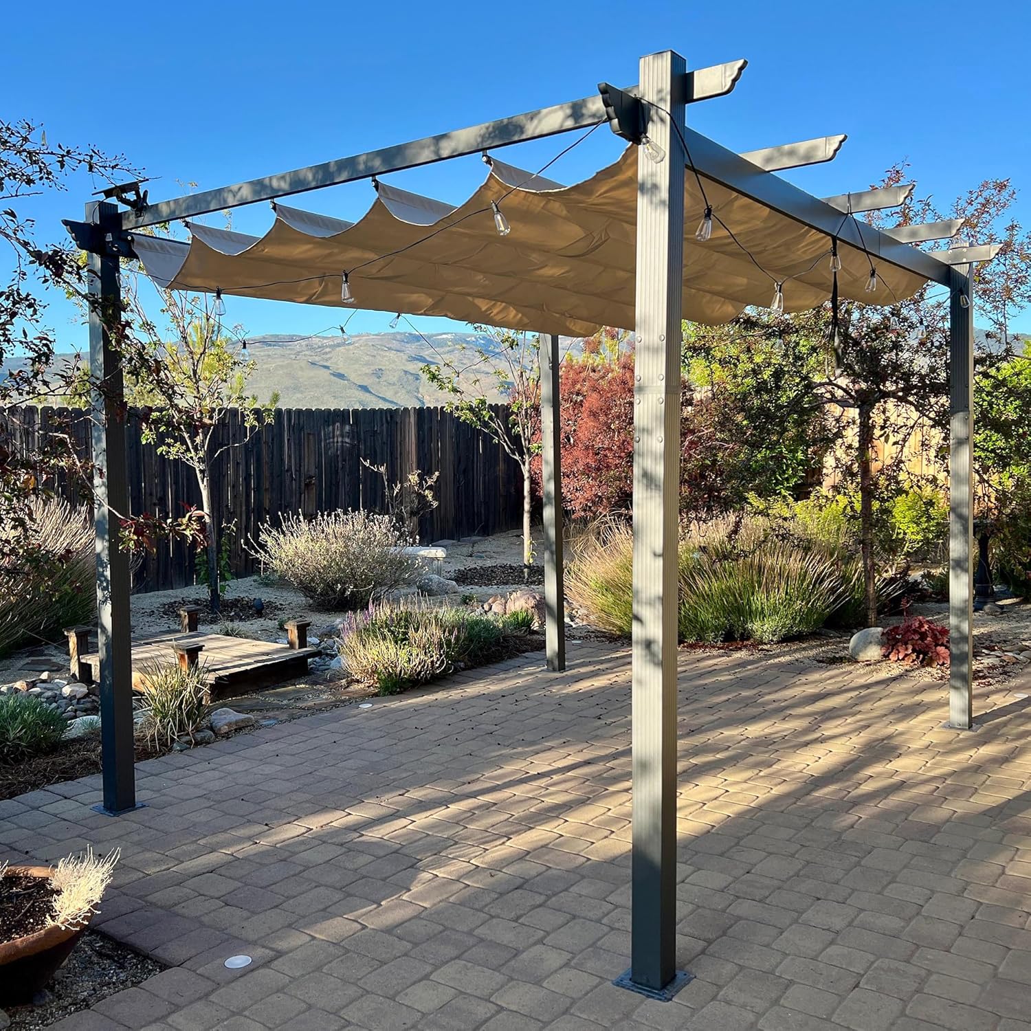 bleujardin - pergola aluminium série - 4x3,2m - toile teintée, toit coulissant, kaki
