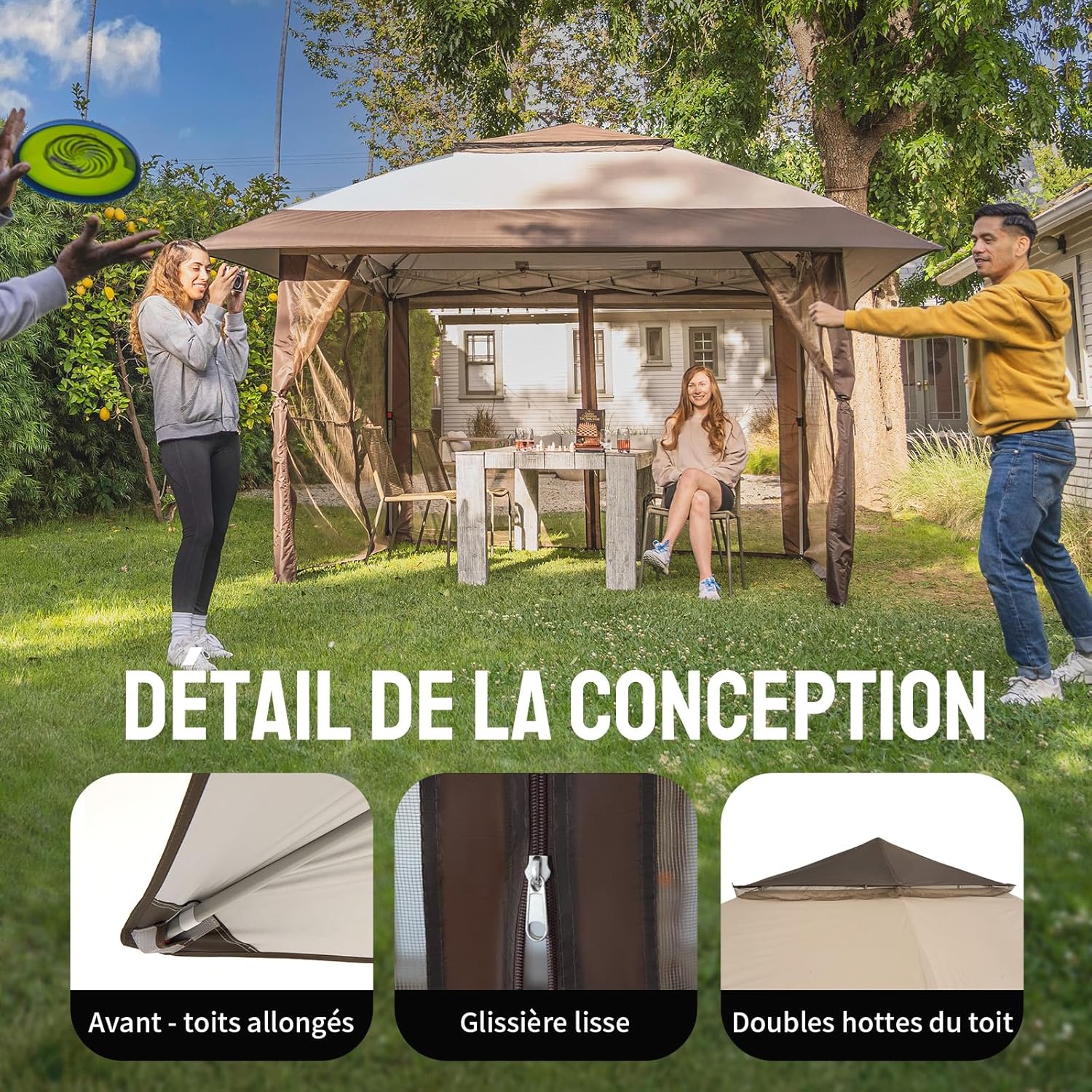 bleujardin Tonnelle de Jardin 4 x 4 m, Pop Up Gezebo Exterieur Imperméable, Abri de Jardin Réglable en Hauteur, Double Toit avec Côtés en Maille Zippée, Sac de Transport, Beige