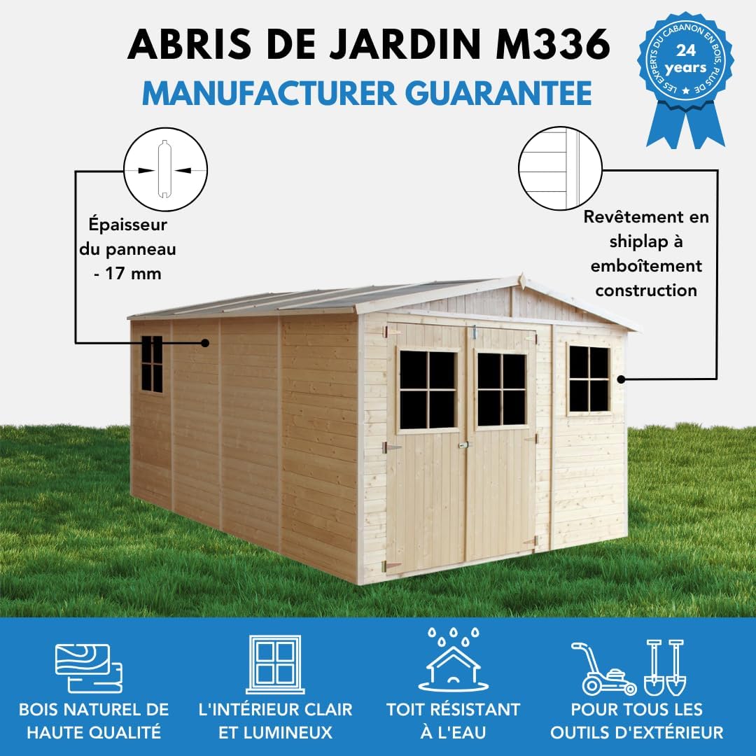 ABRI de Jardin en Bois Exterieur avec Les PLANCHERS IMPRÉGNÉ - en Pin/épicéa- H226x324x416 cm/12 m²- Construction de Panneaux- Rangement pour vélos, Remise à Outils- bleujardin M336+M336G
