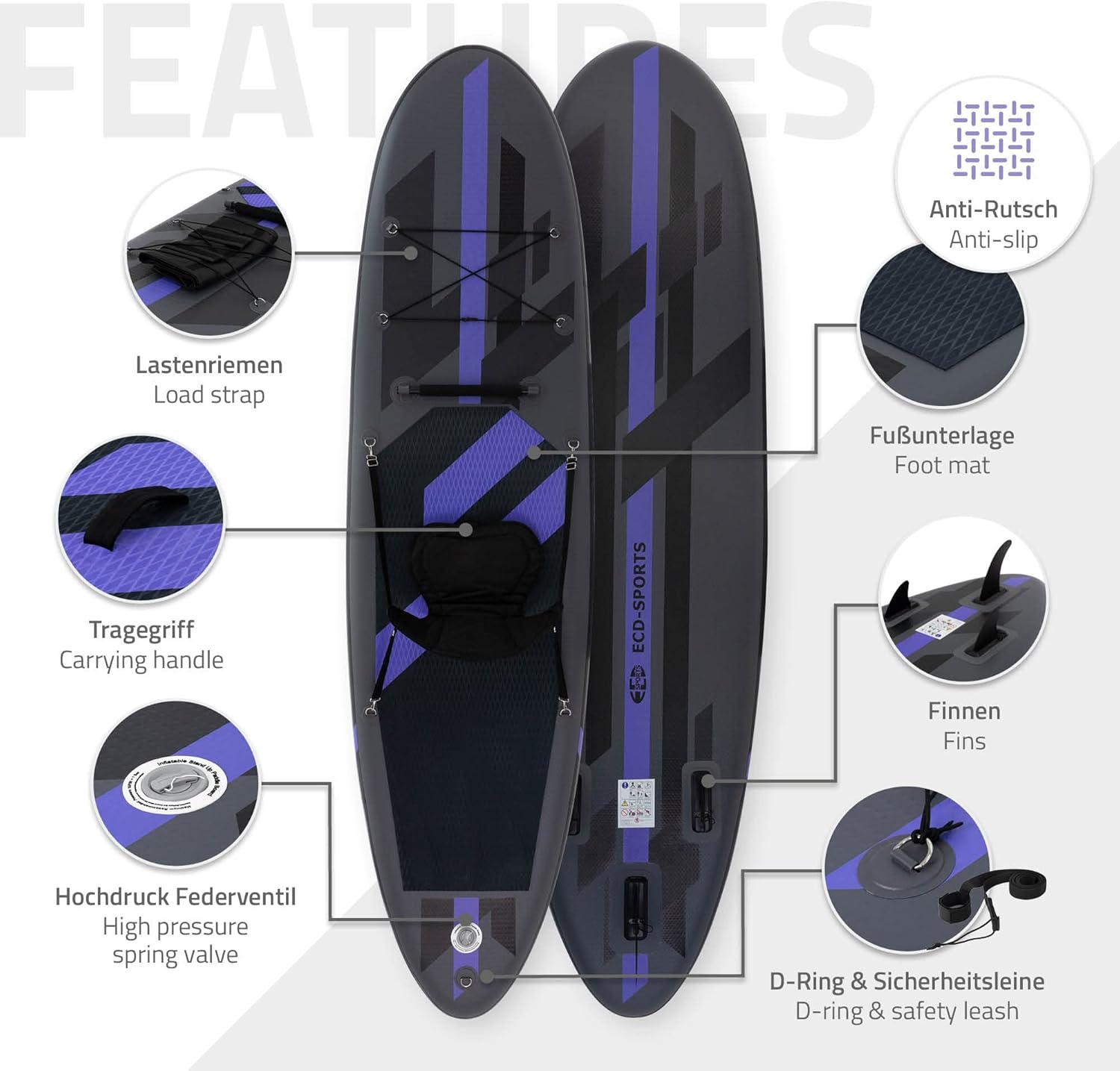 bleujardin - Stand Up Paddle Gonflable - 305/308/320/380 cm - PVC, 120/150 kg, 10/15 cm