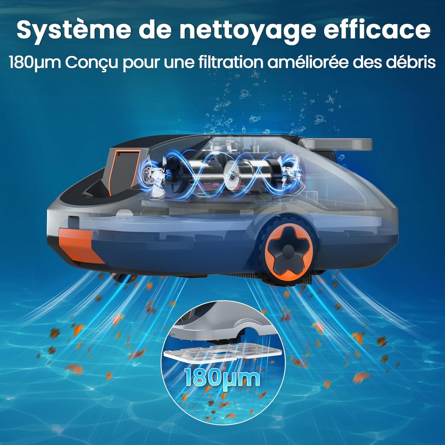 Robot piscine sans fil - 200min autonomie, filtration fine, 232m², compact