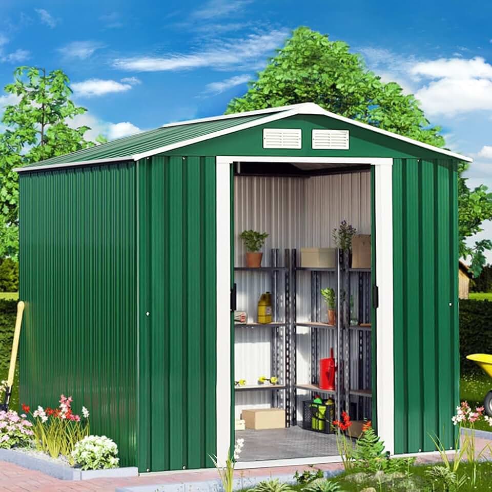 bleujardin Abri de Jardin Métal Extérieur 2.7㎡ Acier Galvanisé avec Fondation, Toit Penché, 4 Persiennes, Double Porte Coulissante, Cabane Jardin Exterieur avec Rampe, pour Vélo, Poubelle, 213x127x185CM