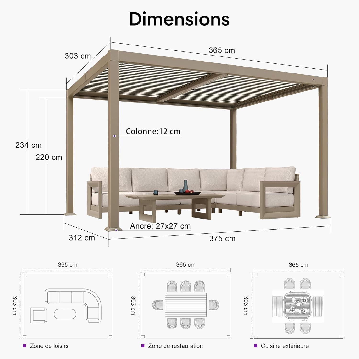 bleujardin - pergola bioclimatique LED - 3x3,65m - alu, lames orientables, étanche
