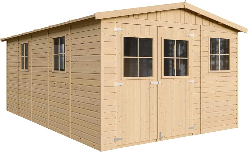 Abri de Jardin en Bois Naturel - Stockage extérieur avec fenêtres- H226x324x516 cm/15 m² Hangar en Bois Naturel - Atelier Rangement Outils et vélos- bleujardin M337