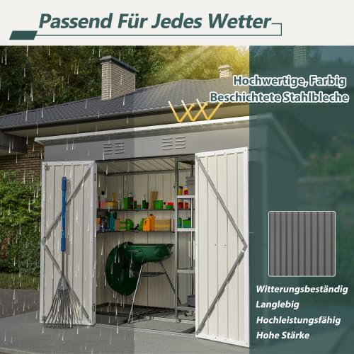 Abri de jardin en métal 229x111 cm – Gris, résistant aux intempéries avec cadre de fondation et porte verrouillable, pour vélos et outils, remise 8x4 pi