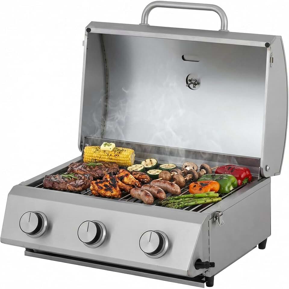 bleujardin - Barbecue à gaz portable - inox - 3 brûleurs, thermomètre, allumage piézo - CATHAN
