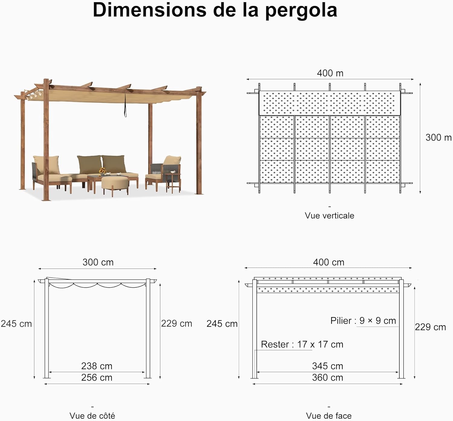 bleujardin - Pergola alu finition teck 4x3m - toile rétractable, rideau, kaki