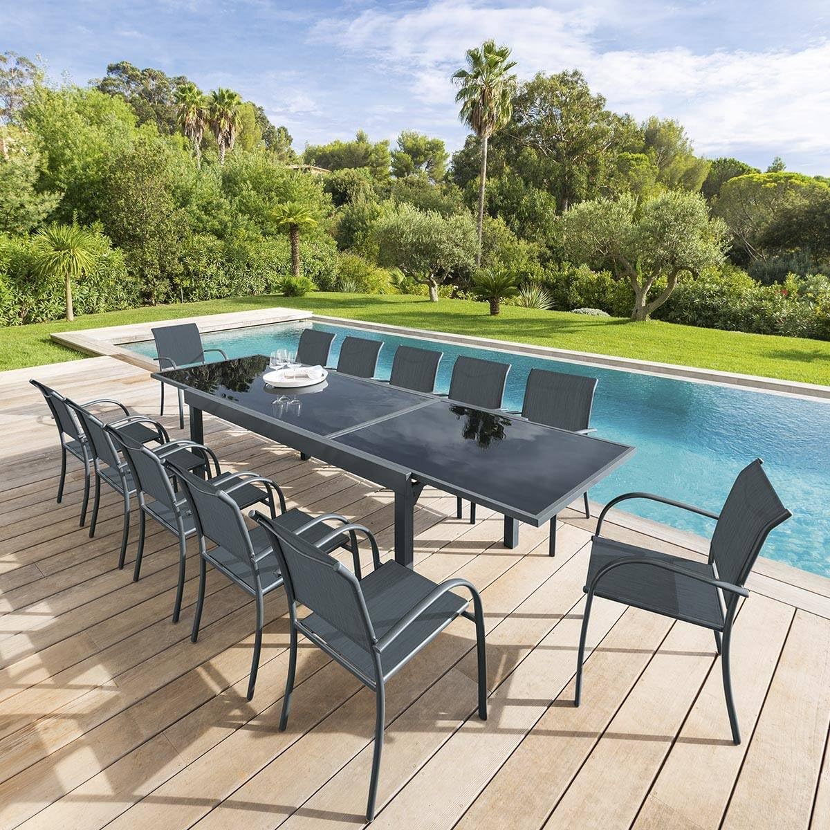 bleujardin - Piazza extensible - 12 places - aluminium/verre renforcé - gris graphite
