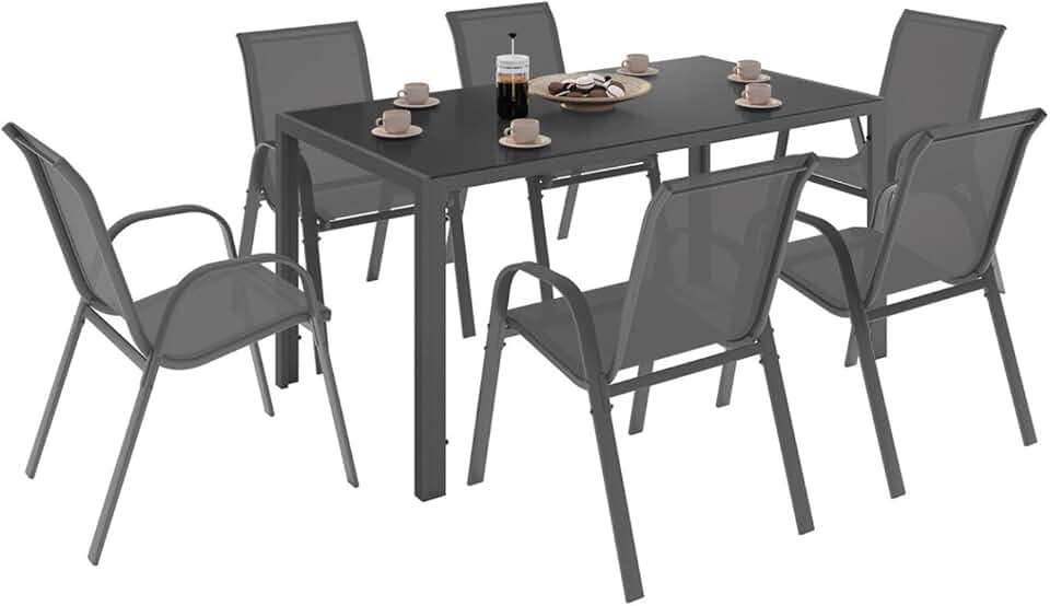 bleujardin - Salon de jardin Madrid 150cm, 6 chaises empilables gris