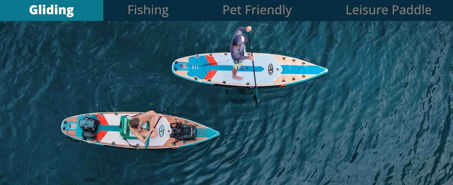 Le texte indique « Gliding » et « Paddle ». Vues aériennes de paddleboards sur l'eau bleue de l'océan, montrant différents angles et positions pendant l'utilisation.