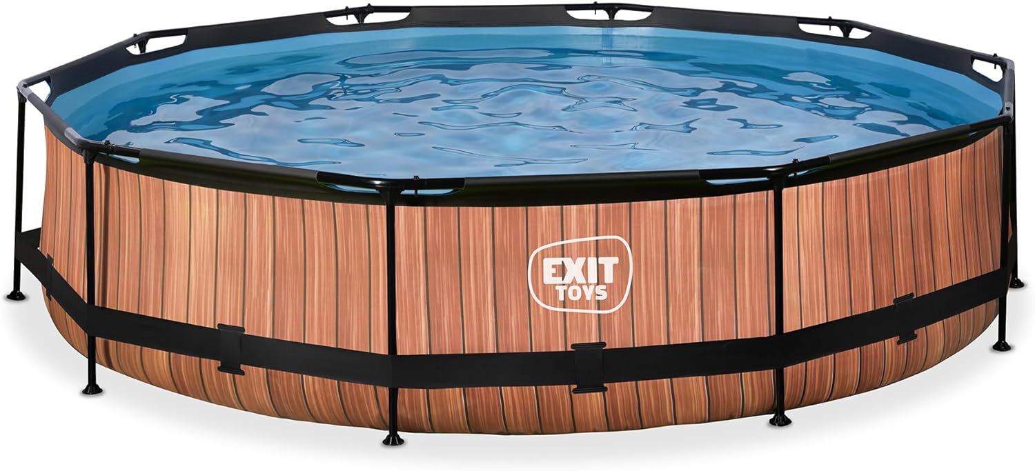 bleujardin Piscine Tubulaire Wood - ø360x76cm - Piscine Hors Sol Ronde Grande avec Pompe Filtrante à Cartouche - Entrée Basse - Idéal pour Les Jeunes Enfants - Cadre Stable - Design Unique - Marron