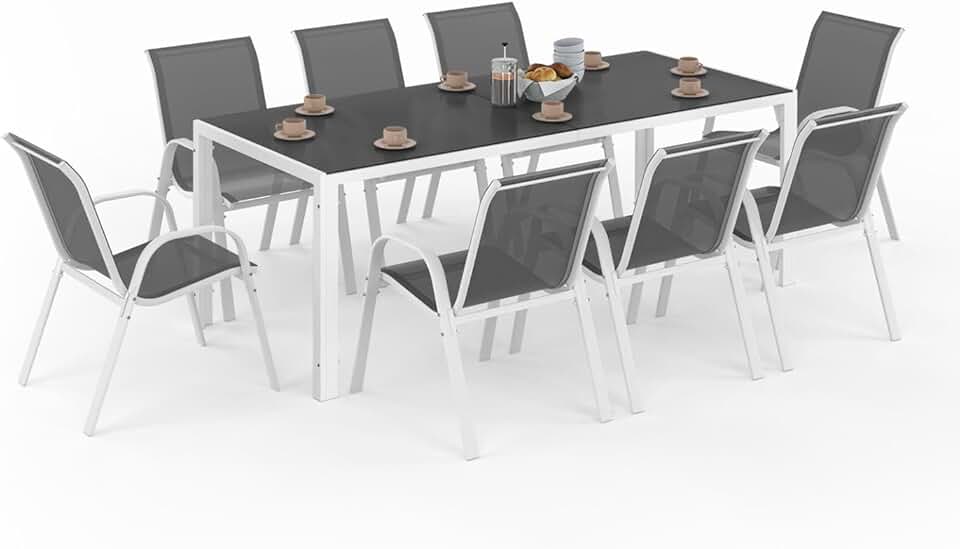 bleujardin - Salon Madrid - table 190 cm + 8 chaises empilables blanc/gris