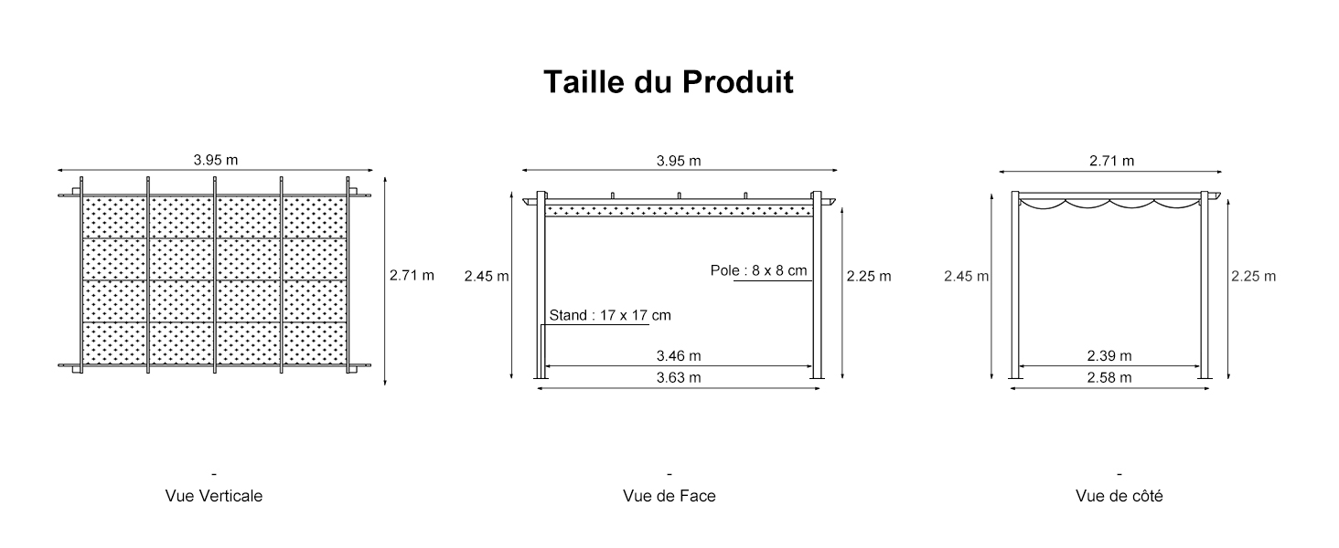 Schéma technique montrant les dimensions d'un produit rectangulaire en trois vues : face, profil et côté. Mesures en centimètres.