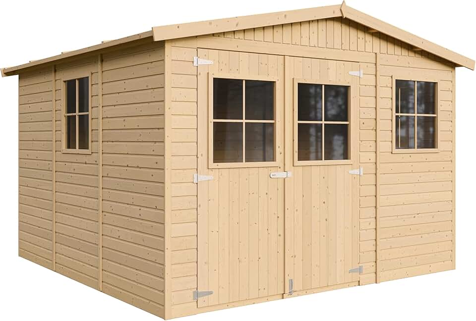 Abri de Jardin en Bois Naturel - Stockage extérieur avec fenêtres- H226x316x324 cm/9 m² Hangar en Bois Naturel - Atelier Rangement Outils et vélos- bleujardin M335