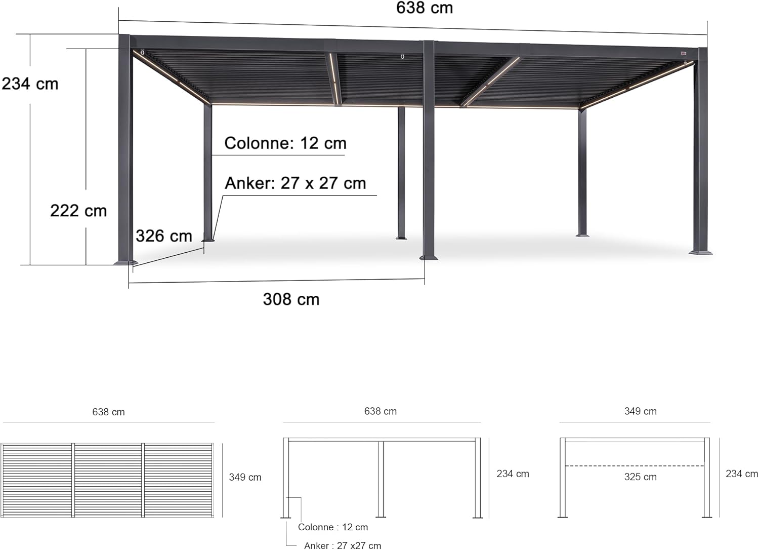 bleujardin - pergola bioclimatique - 3,5x6,35m - lames LED alu gris
